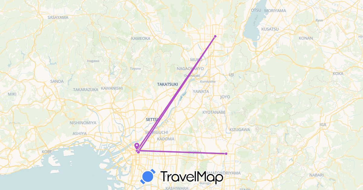 TravelMap itinerary: plane, train in Japan (Asia)
